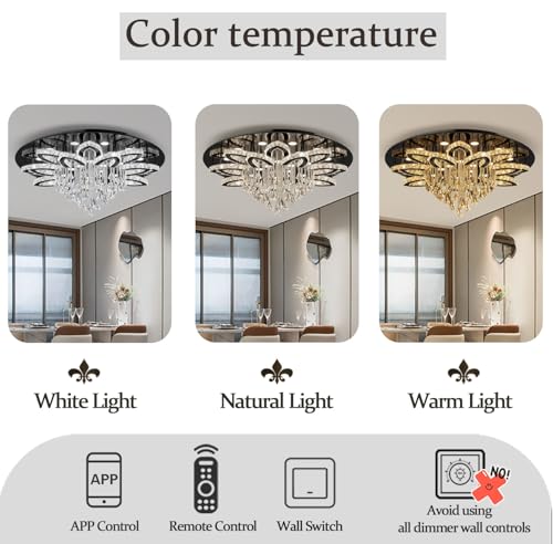 W40 Modern Black Crystal Chandelier for Living Room High Ceiling Crystal Raindrop Chandelier Flush Mount Chandeliers for Foyer Hallway Dimmable 2700K (Black / W:40inches)
