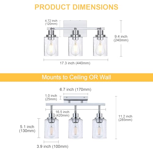 3 Light Chrome Track Light Fixture Ceiling Track Lighting Heads with Seeded Glass Chrome Multi (Chrome / 3-Light)