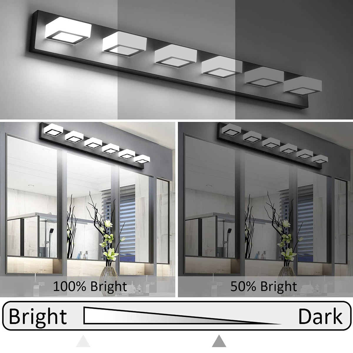6 Lights LED Modern Dimmable Matte Black Vanity Light Acrylic Modern Vanity Wall Light Over Mirror Dimmable Bathroom Vanity Lighting Fixtures 6000K Cool White Light (Black-Dimmable / 40.4 inch)