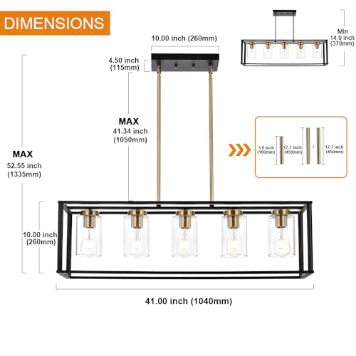 Farmhouse Chandeliers for Kitchen Island with Clear Glass Shade Black and Brushed Brass 5 Light Dining Room Lighting Fixtures Hanging (Brushed Brass / 5 Light)