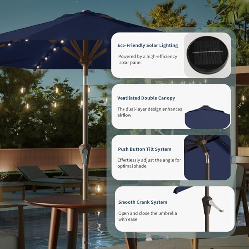 10FT Solar Umbrella 32 LED Lighted Patio Umbrella Table Market Umbrella w (Navy Blue)