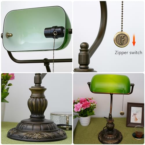 Green Bankers Lamp Vintage Glass Banker's Desk Lamps with Bedroom Bedside Study Zipper Pull Chain Switch LED library Reading Desk Light Retro Office Adjustable Nightstand Aesthetic Antique Table lamp (Green Glass)