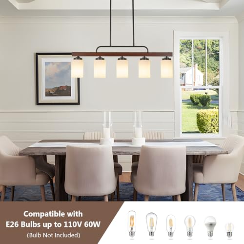 Farmhouse Wood Dining Room Light Fixture Over Table with Milk Glass Shade (Milk Glass / 5-Light)