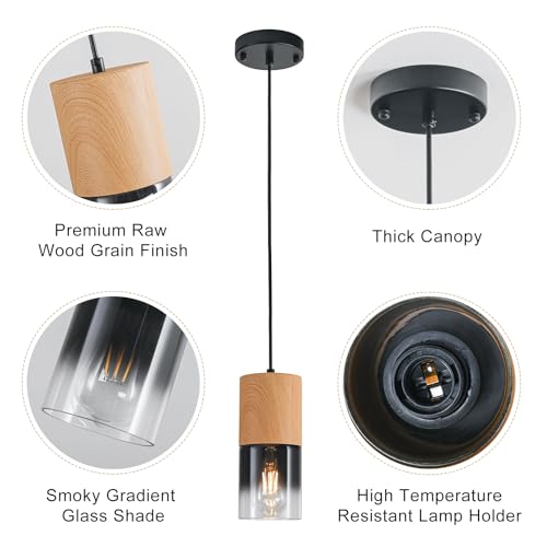 3 Pack Modern Pendant Lights for Kitchen Island (Wood Grain & Black—Cord / 3 Pack)