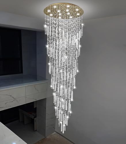 98'' Modern Crystal Chandelier High Ceiling Chandeliers for Entryway Large Raindrop Chandeliers LED Dimmable Flush Mount Light Fixtures for Staircaes Foyer Hallway Living Room LED Bulbs Included Gold (D32'' x H100'' Gold)