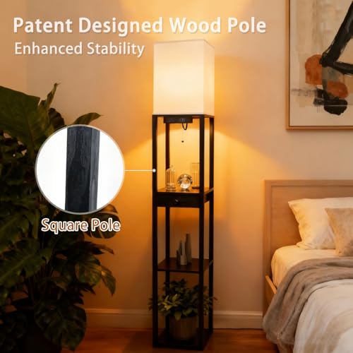 Shelf Floor Lamp with 1 Drawer (Black(USB+Drawer))