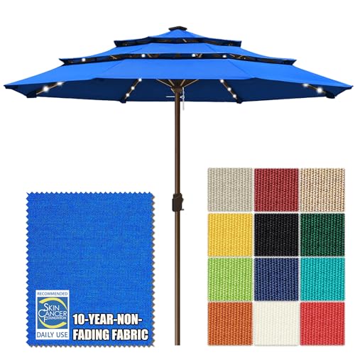 USA 10-Year-Non-Fading 10ft 3-Tier Market Patio Umbrella, Commercial Table Umbrella with 80 Solar LED Lights, Crank Open, Windproof & UPF 50+ UV Protection for Garden, Deck, Pool, Backyard, No Tilt, Royal Blue (Royal Blue / 10FT(Triple Vents No Tilt))