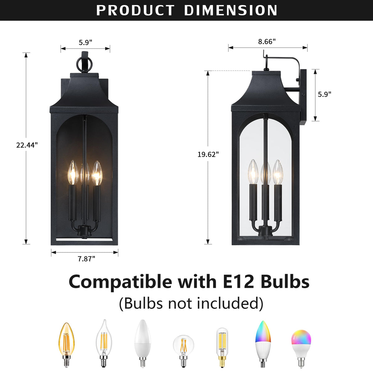22-Inch 3-Light Outdoor Porch Wall Lantern, Black Exterior Light (22 inch)