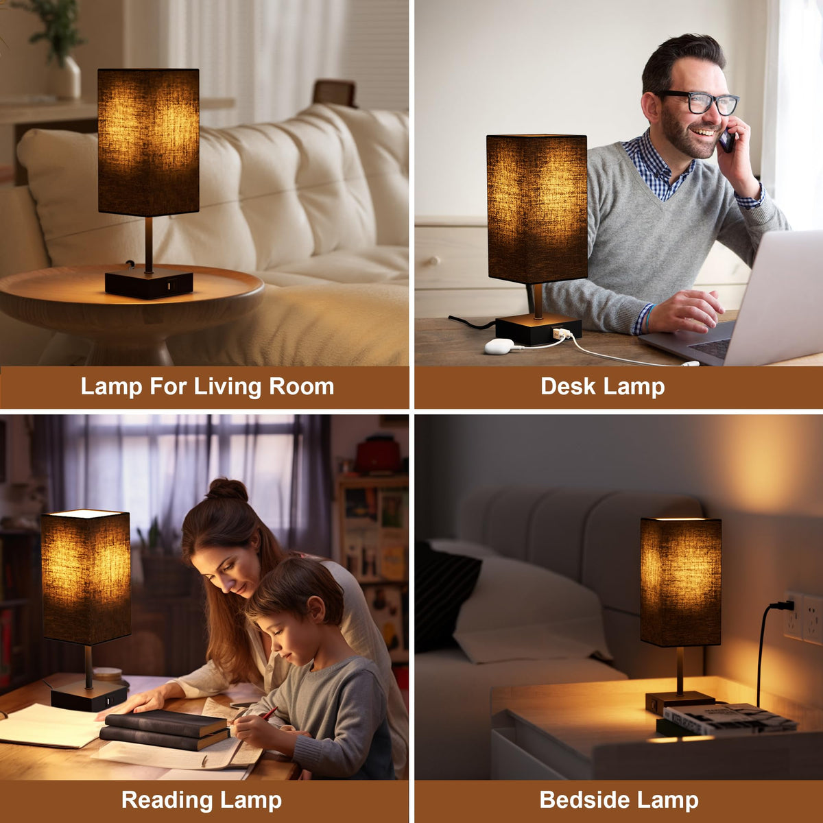 Bedside Table Lamp for Bedroom with 2 USB Ports (Black / 1-Pack)