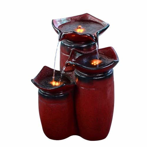 3 Tiered Floor Water Glazed Pots Fountain with LED Lights and Pump for Outdoor Patio Garden Backyard Decking Décor (Gradient Red)
