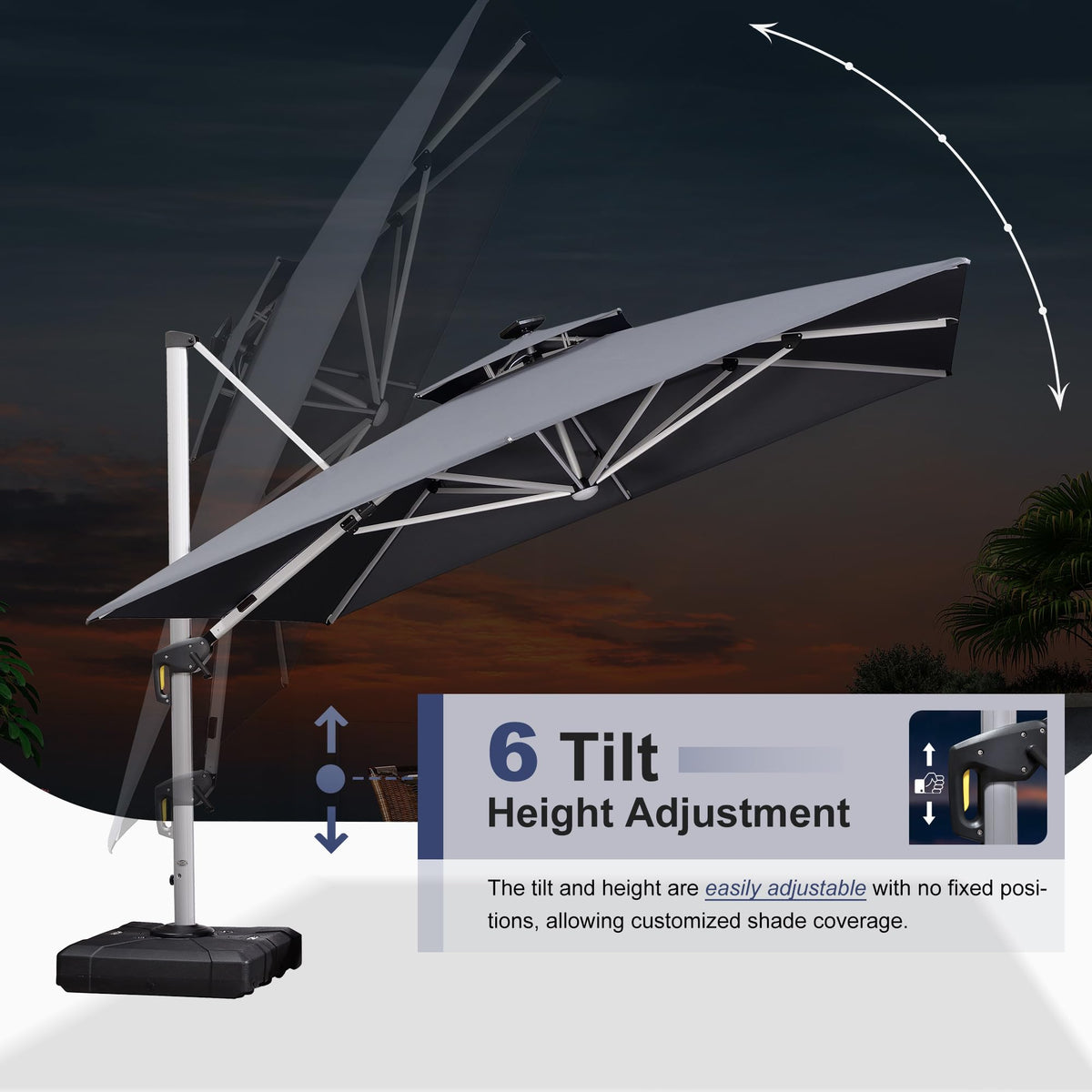 Cantilever Umbrella 10' X 13' Double Top Solar LED Light (Grey / 10' X 13')