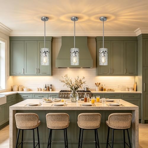 Modern Brush Nickel Hammered Glass Pendant Lights for Kitchen Dining Room (Nickel-2 Pack)