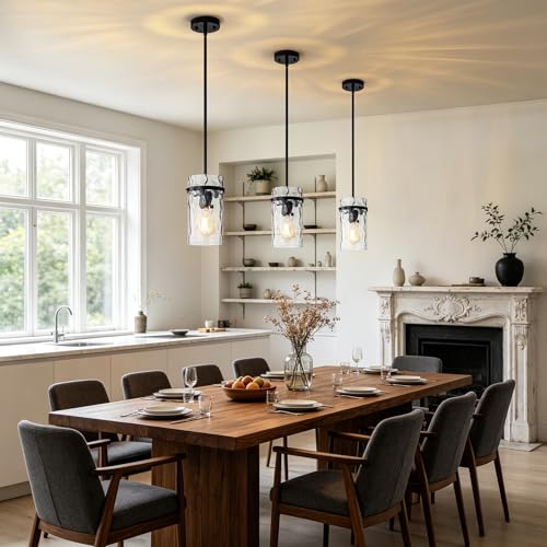 Farmhouse Black Hammered Glass Pendant Lights Kitchen Island for Foyer (Black-1 Pack)