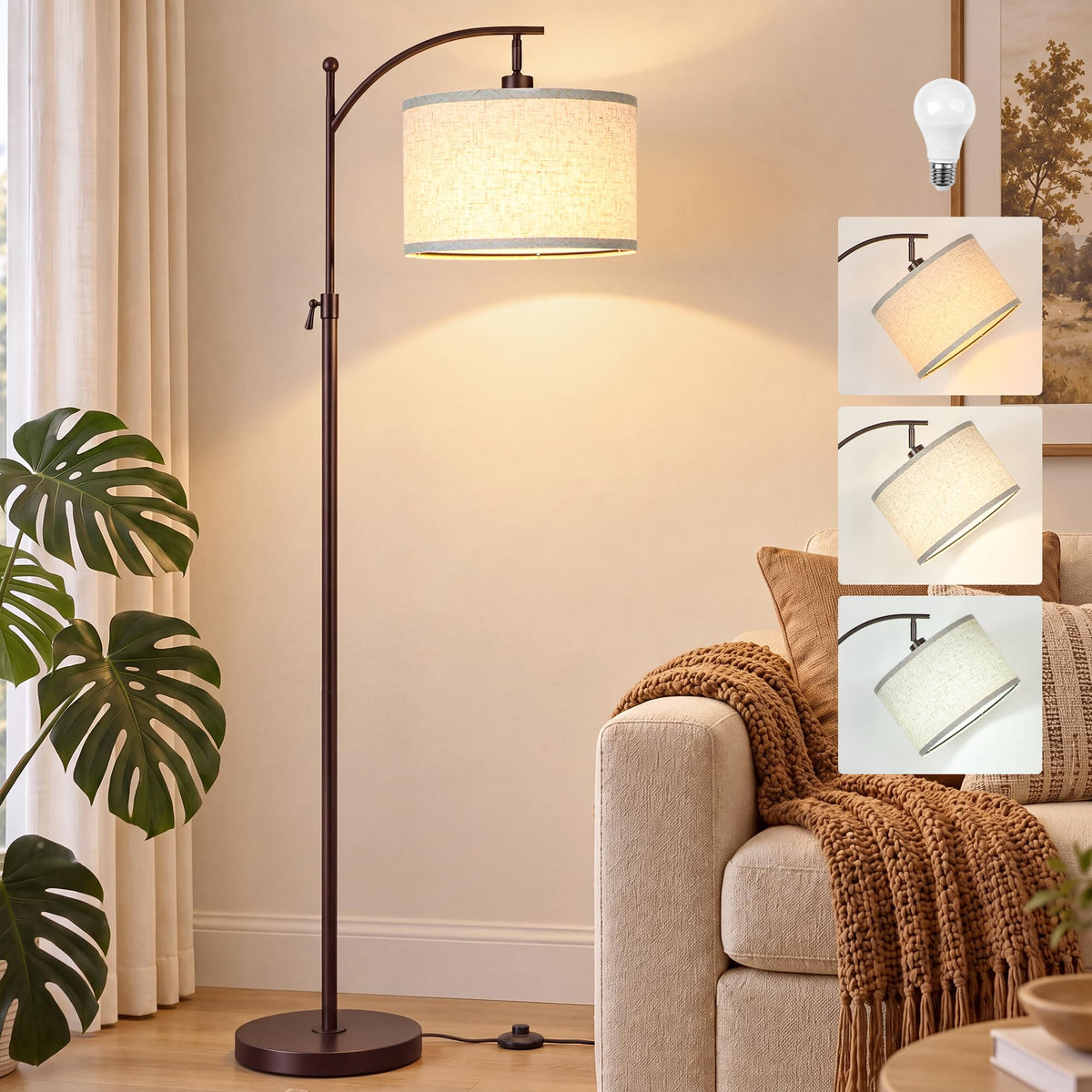 Modern Brown Floor Lamp Adjustable Height 55 (Brown+Beige Shade-Arc)