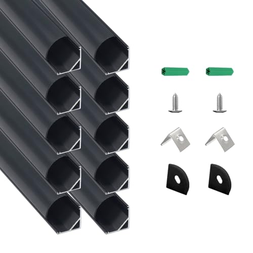 10 Pack 3.3FT Black V Shape LED Channel with Black Cover Angled Aluminum Extrusion for LED Strip Lights Trimless Recessed LED Strip Diffuser Track Profile for Under Cabinet Lighting (Black Aluminum + Black Cover / 3.3FT/10P/#006)