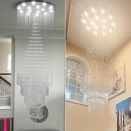 D40''x H110'' Modern Round Crystal Chandelier LED Dimmable Large Crystal Raindrop Chandeliers High Ceiling Tier Chandeliers for Foyer Stairwell Entryway Living Room Silver (Silver / D40"X H110")