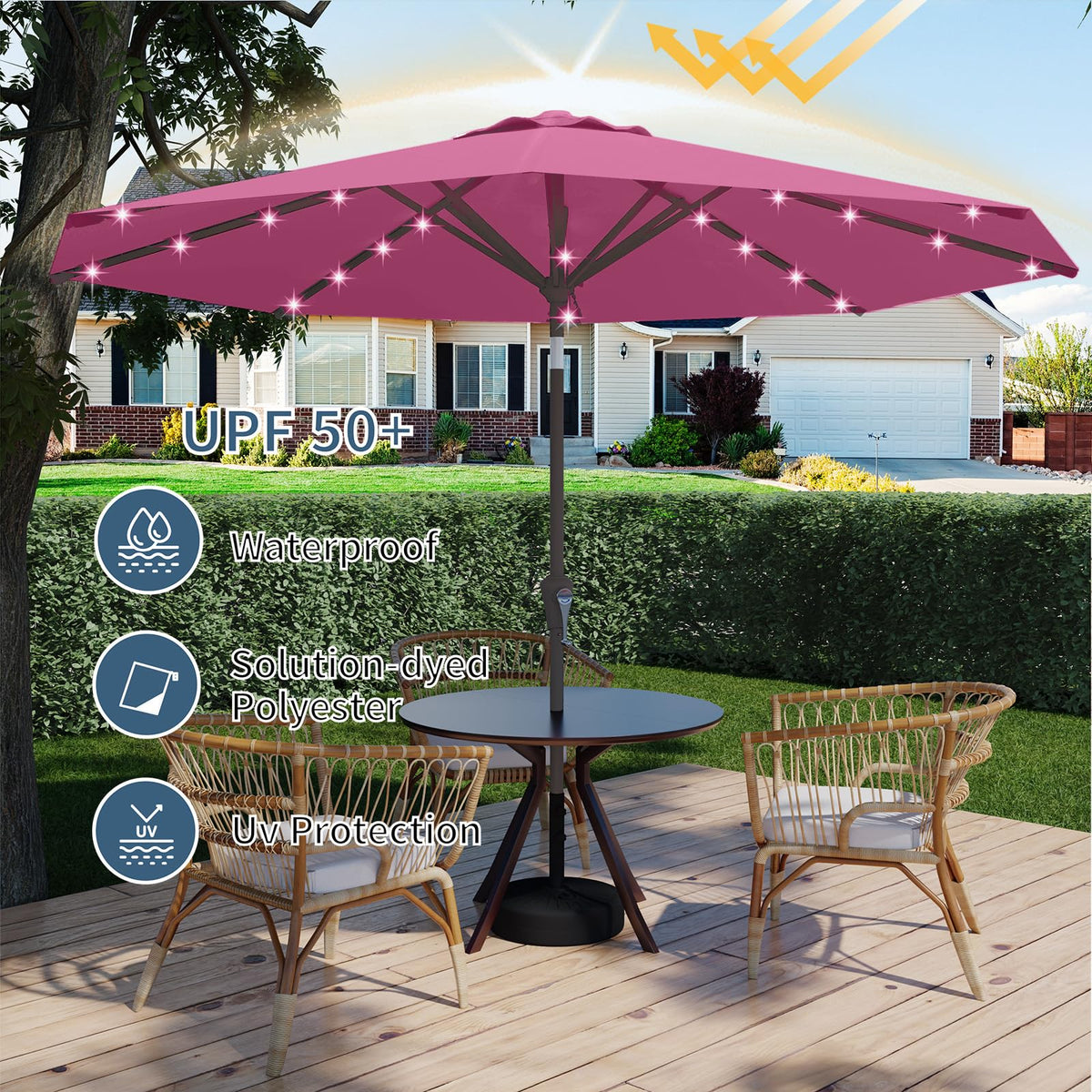 9FT Patio Umbrella with Solar Lights (Rose Pink)