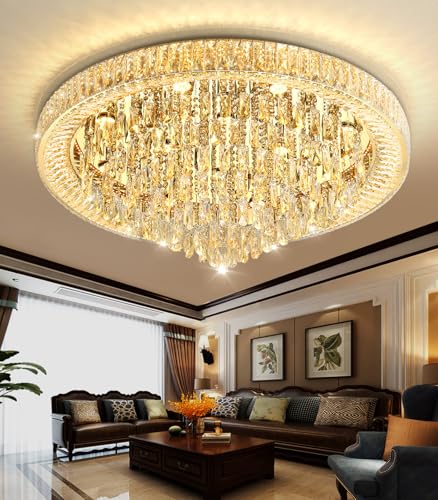 Modern Crystal Large Chandeliers LED Dimmable Flush Mount Ceiling Chandeliers for Living Room High Ceiling Entrance Foyer Bedroom (Gold / 39.3" Width)