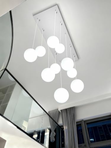 Chandeliers for Living Room Silver Pendant Light with White Globe Glass Dimmable Ceiling Light Rectangular Flush Mount Chandeliers Ceiling Light for Kitchen Island (Silver-White / Rectangle 10-Light)