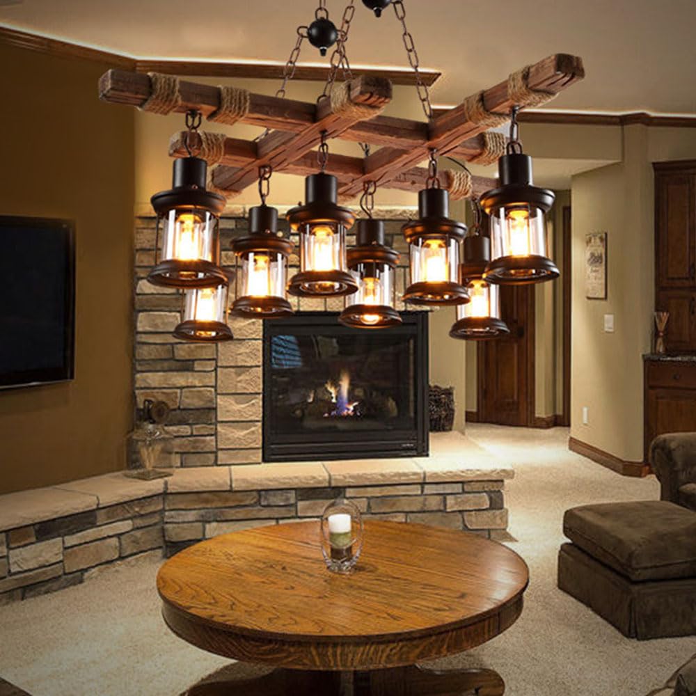 8 Lights Industrial Retro Wooden Chandelier Pendant Light Island Hanging Ceiling Fixture Vintage Farmhouse Wood Light Adjustable Chain for Home Cafe Bar Restaurant (39.4 inch)