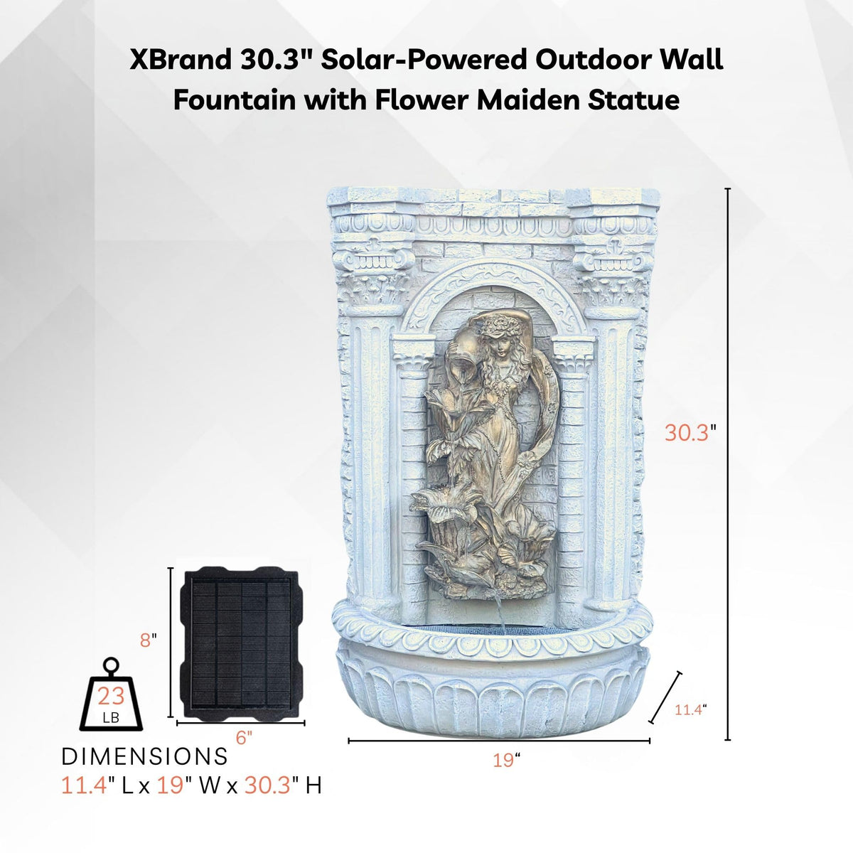 30.3" Solar Powered Wall Fountain with Gold Flower Maiden Statue (Cream White)