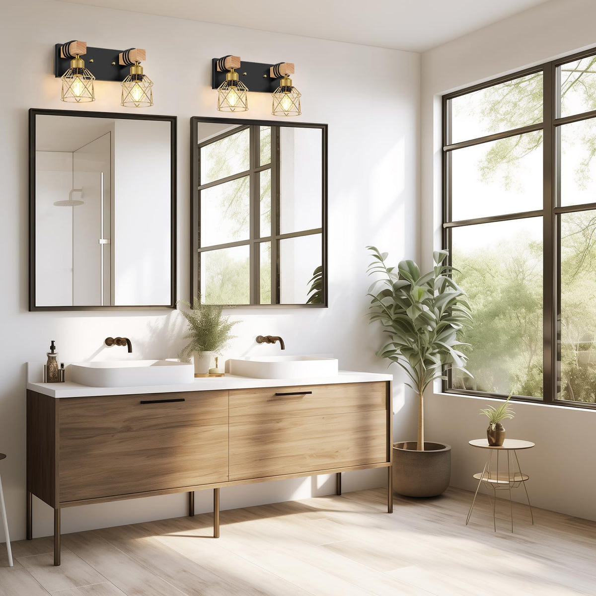 Rustic Style Wood Bathroom Wall Sconces (Black & Gold / 2-Lights)