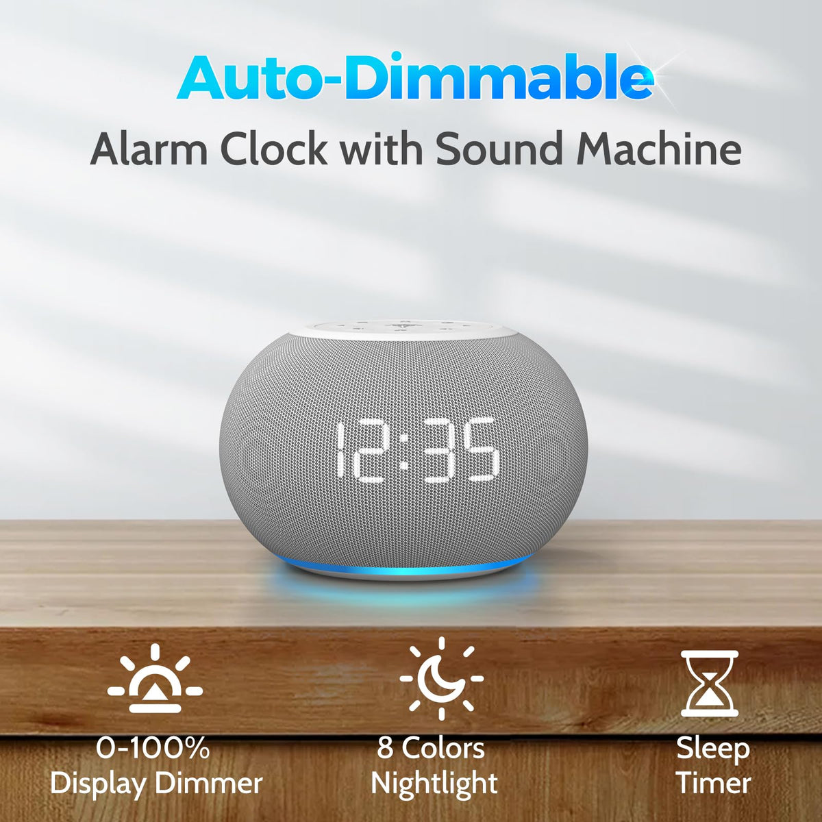 Auto Dimmable Sound Machine Alarm Clock with 20 Sounds&Night Light (A-grey)