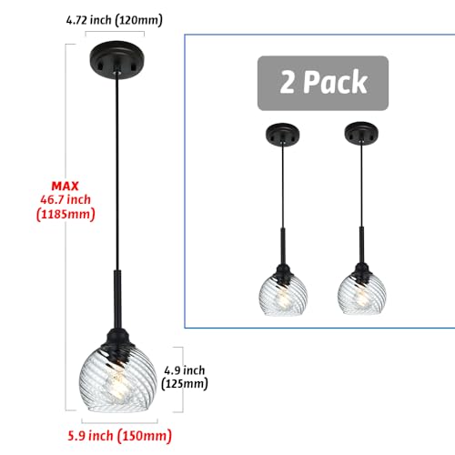 2 Pack Pendant Lights Kitchen Island with Clear Striped Swirl Globe Glass (Transparent / 1-Light-2 Packs)