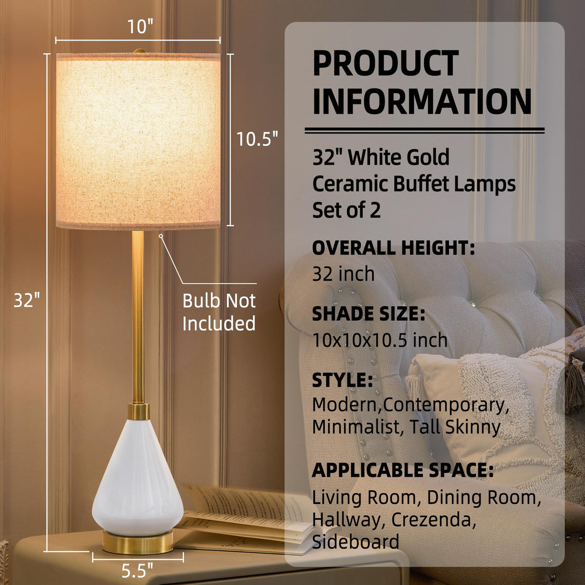32" Gold Buffet Lamps Set of 2 with White Ceramic Base (White)