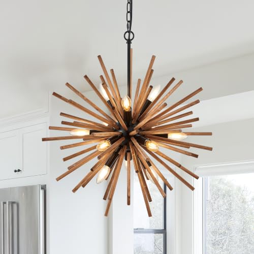 Farmhouse Sputnik Chandelier for Dining Room Rustic Handmade Natural Wood