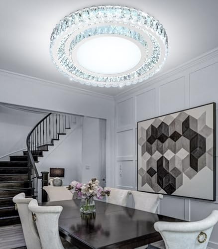 23.6" Dimmable Crystal Chandelier Modern LED Flush Mount Ceiling Light Fixtures for Living Room Bedroom Hallway Kitchen Island Staircase Silver (23.6" Silver)
