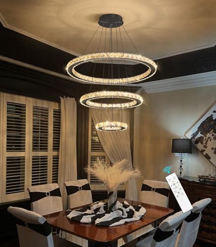 Modern Ring Crystal Chandelier Remote Dimmable LED Ceiling Light Fixtures Stainless Steel Pendant Lighting for Living Room Dining Room Bedroom