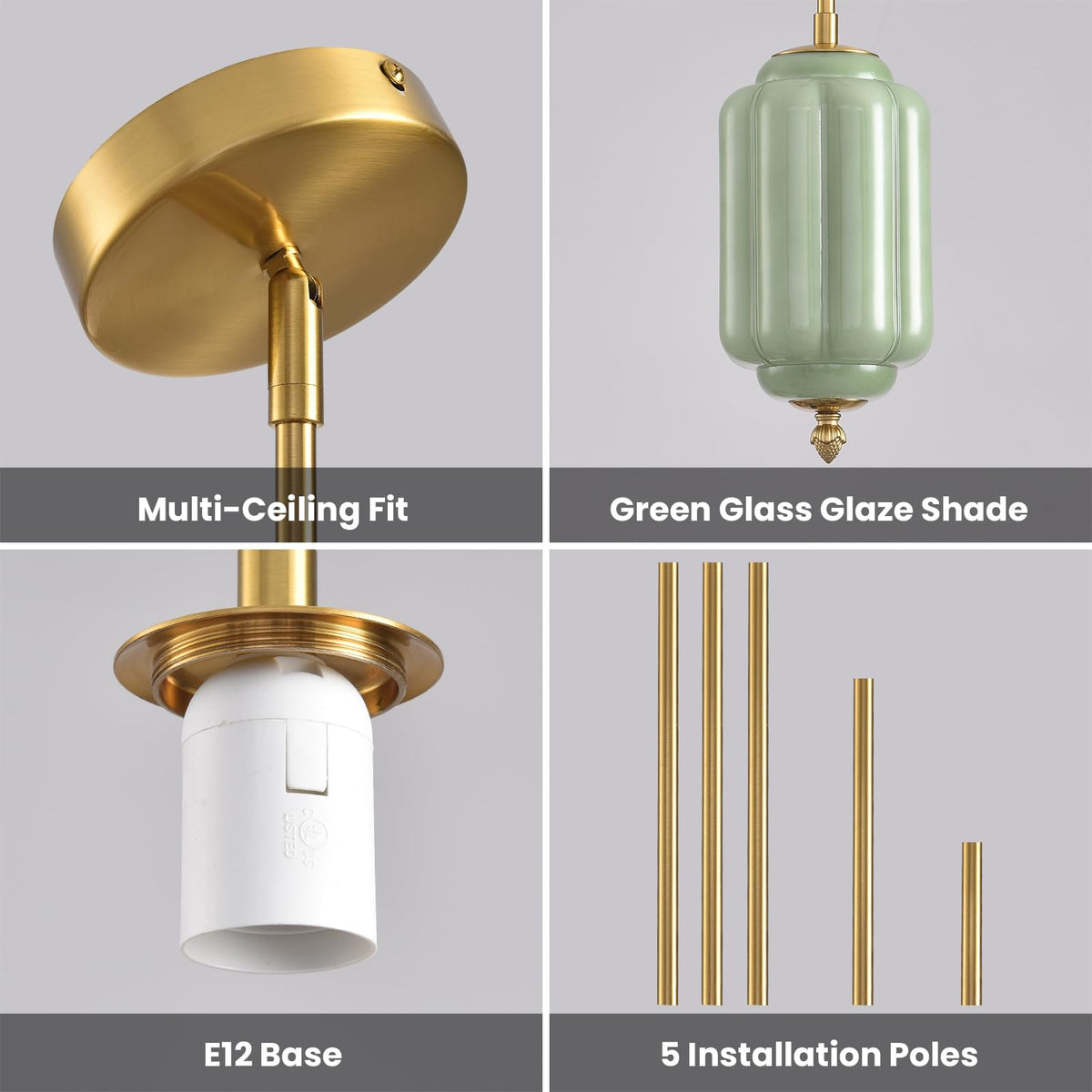 Vintage Green Glass Pendant Lights 1 Pack 5.5 Inch Mid Century Brass Hanging Ceiling Light (Green-1 Pack / 5.5 Inch)