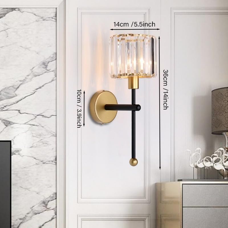 Modern Glass Crystal Wall Sconces Battery Operated Set of 2 (Gold-Black)
