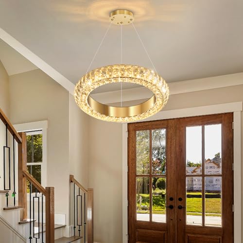 16" Ring Modern LED Dimmable Crystal Chandelier Adjustable Height Pendant Light Round Crystal Chandelier Light Fixtures for Dining Room Living Room Kitchen Island Gold (Gold / 1 Ring Round 16")