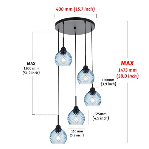 5 Light Cluster Pendant Lighting with Striped Swirl Globe Glass Blue Pendant Light for Kitchen Island (Blue / 5-Light-Round Cluster)