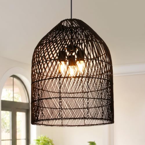 3 Light Rattan Woven Bell Pendant Light for Dining Room Black (Black / 3-Light / 20.8″H)