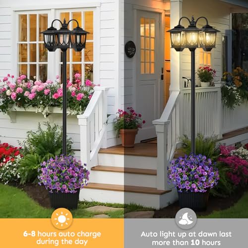 3 Head Solar Lamp Post with Planter (Black / Vintage Pattern)