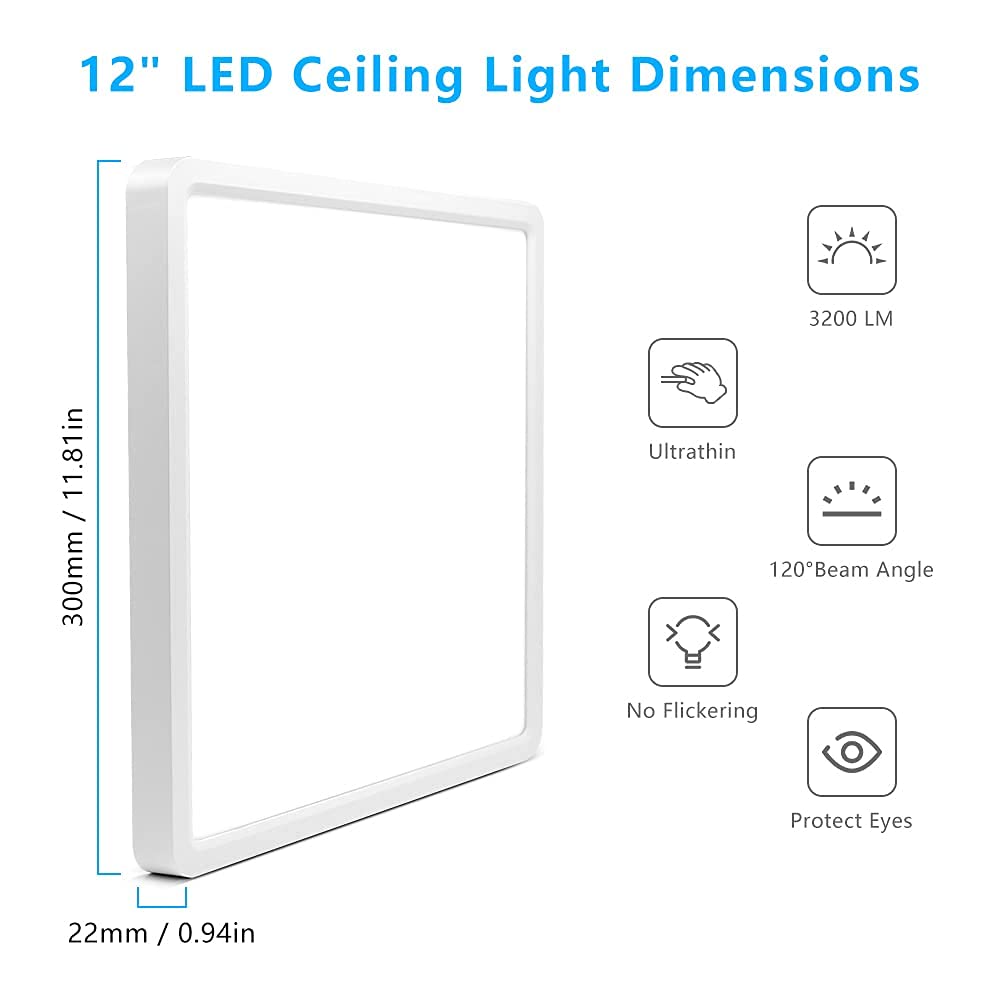 12Inch 24W Square LED Flush Mount Ceiling Light (Daylight White / 12 inch White)