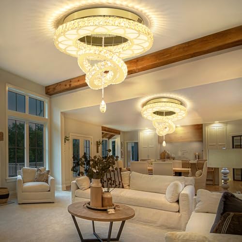 Dia 24" Modern Crystal Chandelier for Living Room Gold Ceiling Chandelier Flush Mount Crystal Ceiling Light for Dining Room Bedroom Hallway (Gold / W:24inches)