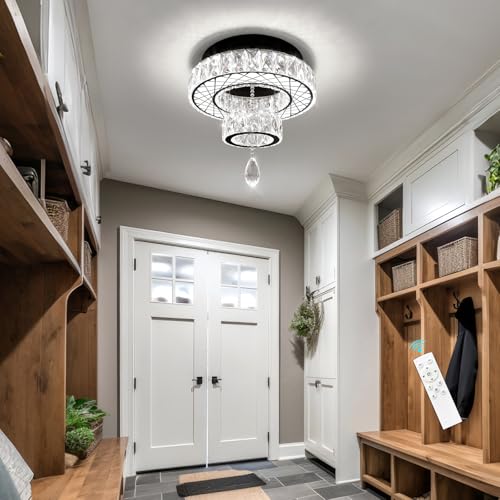 Modern Flush Ceiling Chandelier Bedroom Light Fixtures Crystal Flat Sloping Ceiling Lights for Hallway Kitchen Dining Room Dimmable Light with Remote Black (12 inch / Black)