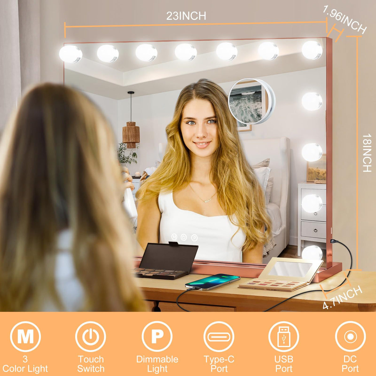 Vanity Mirror with Lights (Rose Gold / 23"L x 18"W)