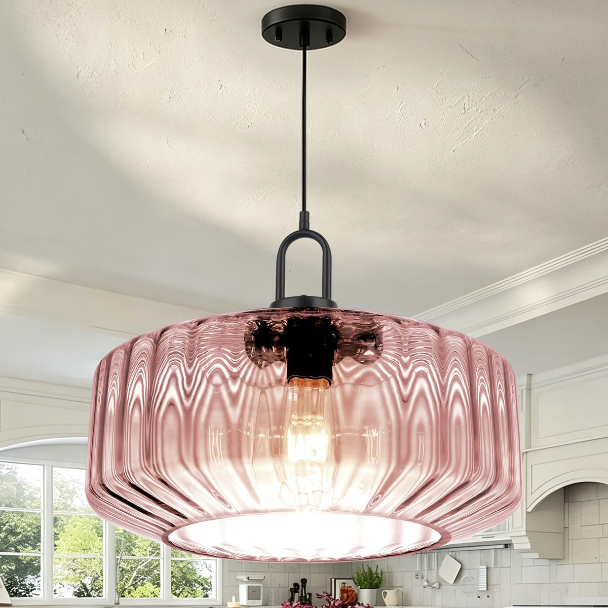 Large Glass Pendant Light Ribbed Pink Ceiling Hanging Light Fixture (13.7″Pink)