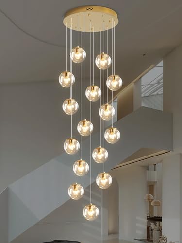 15 Light Gold Chandelier with Globe Glass Dimmable Ceiling Light Glass Pendant Light for Kitchen Island (Gold-Clear / Globe 15-Light)