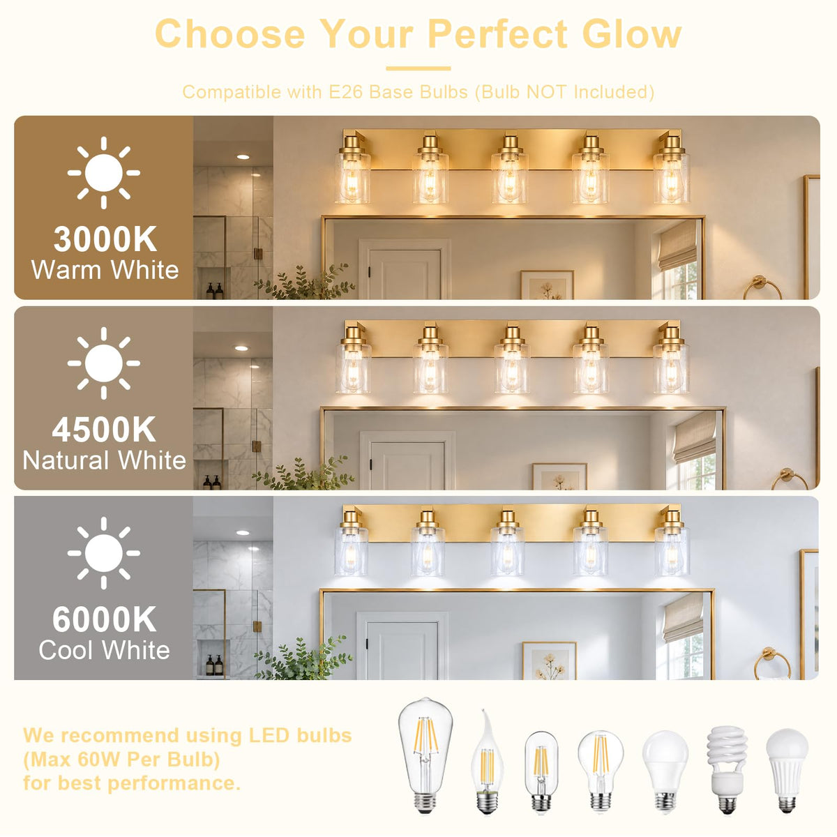 Gold 5 Light Seeded Glass Bathroom Vanity Light (Gold / 5-Light)