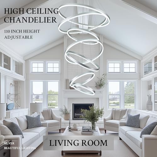 7 Rings D31.5in Modern LED Chandelier Silver Dimmable High Ceiling Chandeliers Foyer with Remote Control for Staircase Entryway Dining Room Living Room (Silver / 7 Rings 31.5in)