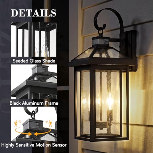 22.6'' Motion Sensor Exterior Wall Light (Black - Seeded Glass / 22.6 Inch - Motion Sensor)