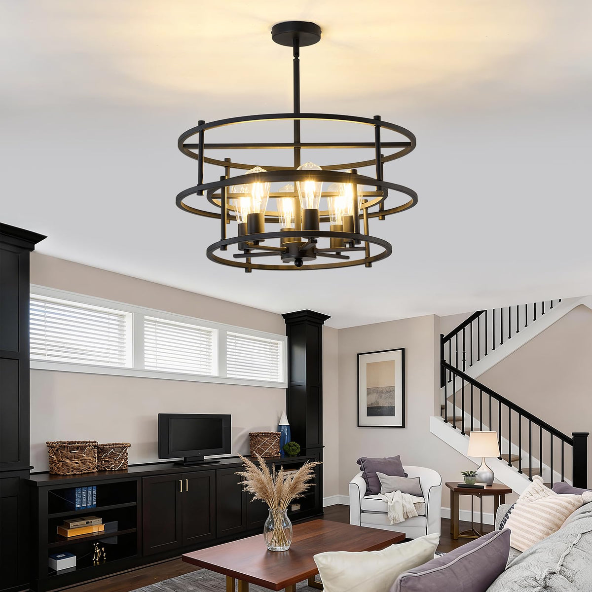 Industrial Black Chandelier 6 Light Candle Semi Flush Mount Ceiling Light (Black / chandelier)