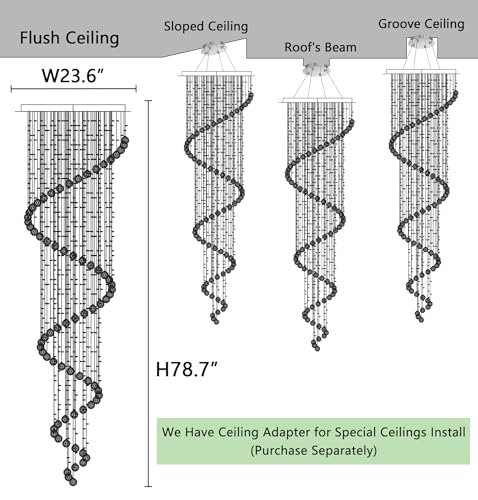 W24 x H78 Inches Crystal Glam Chandelier Long Light Chandeliers with Dimmable Light Bulbs Silver High Ceiling Pendants Light Fixtures for Foyer Entryway Living Room Stair (Silver / Spiral W24" X 78")