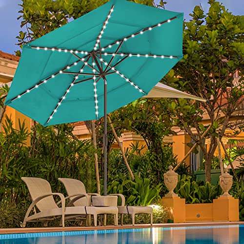 USA 10-Year-Non-Fading 9ft 3-Tier Market Patio Umbrella, Commercial Table Umbrella with 80 Solar LED Lights, Crank Open, Windproof & UPF 50+ UV Protection for Garden, Deck, Pool, Backyard, Teal (Teal / 9 FT(Triple Vents Tilt))